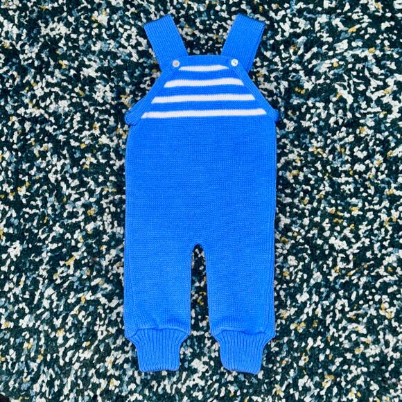 Handmade Infant Blue & White Knit Overalls - Picture 1 of 7